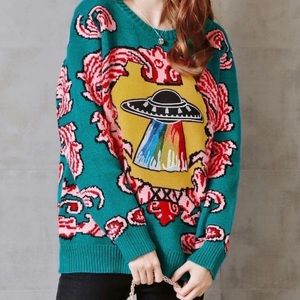 Alien Spaceship Teal Pullover Sweater